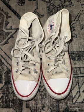 Converse Cream Canvas High Top Sneakers with Red and Blue Trim